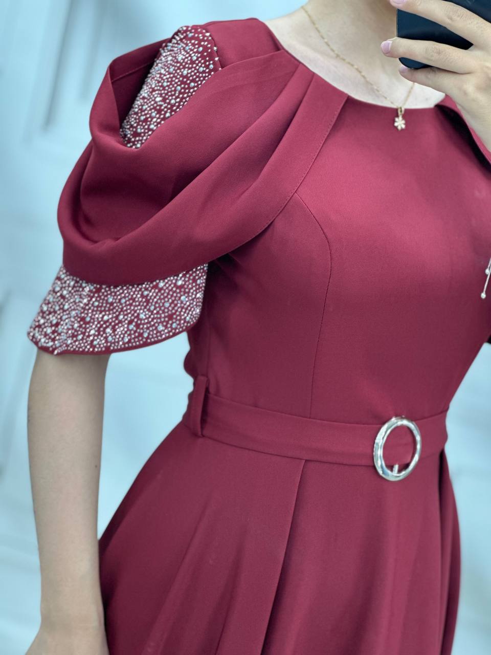 لباس مجلسی شیک وترند کرپ مازراتی زنانه و دخترانه ، ماکسی مجلسی با آستین مروارید دوزی