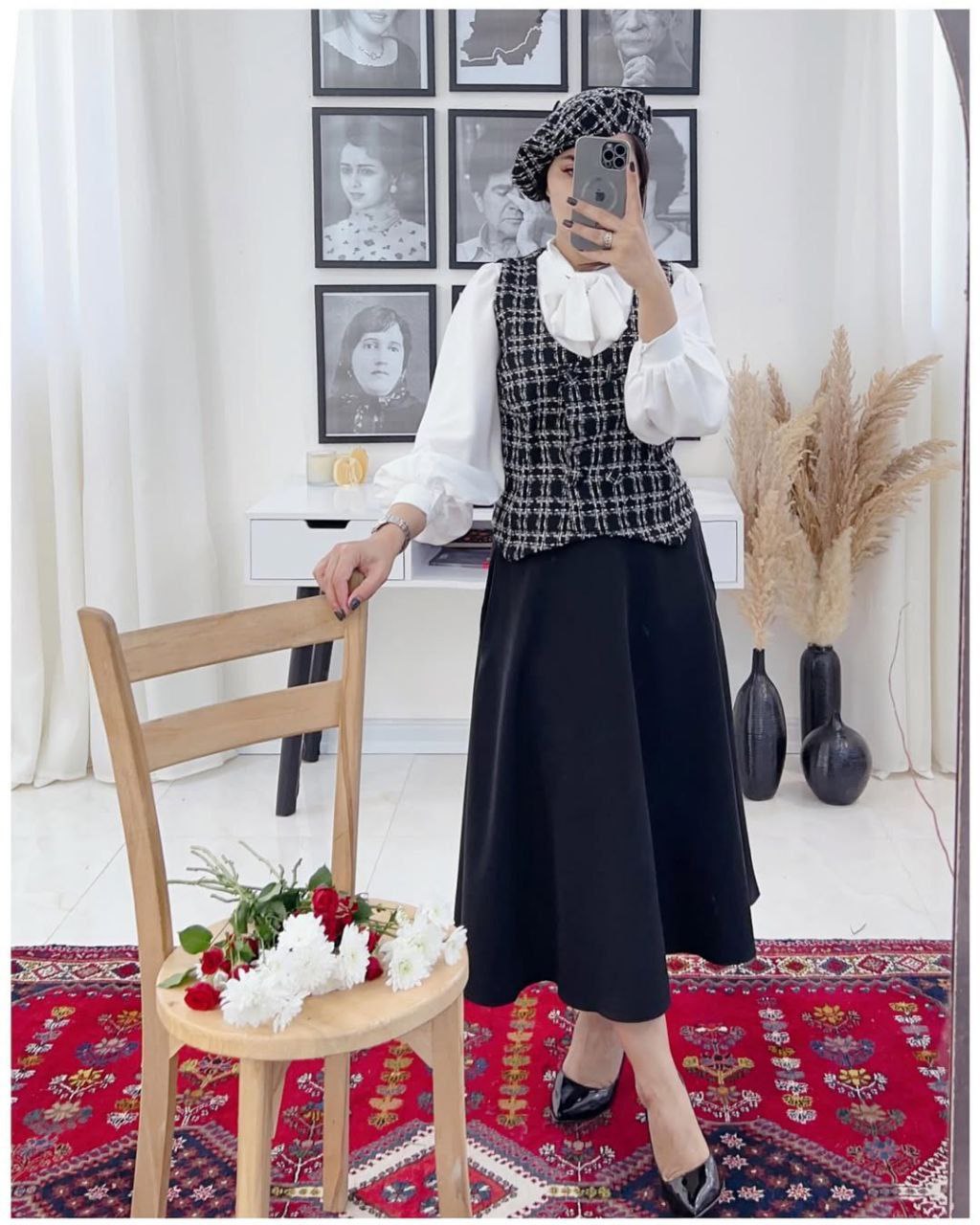 ست چهار تیکه شومیز و دامن و جلیقه و کلاه زنانه عیدانه و زمستانه بسیار شیک و جدید و ترند ، ست چهار تیکه عیدانه زنانه