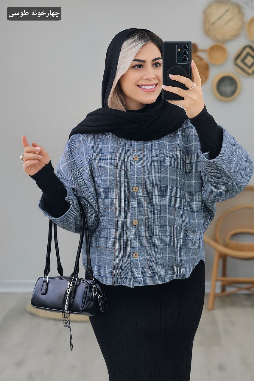 مانتو پانچ نیلی چهار خونه پشمی موهر ، پانچ زنانه و دخترانه پشمی موهر چهارخونه