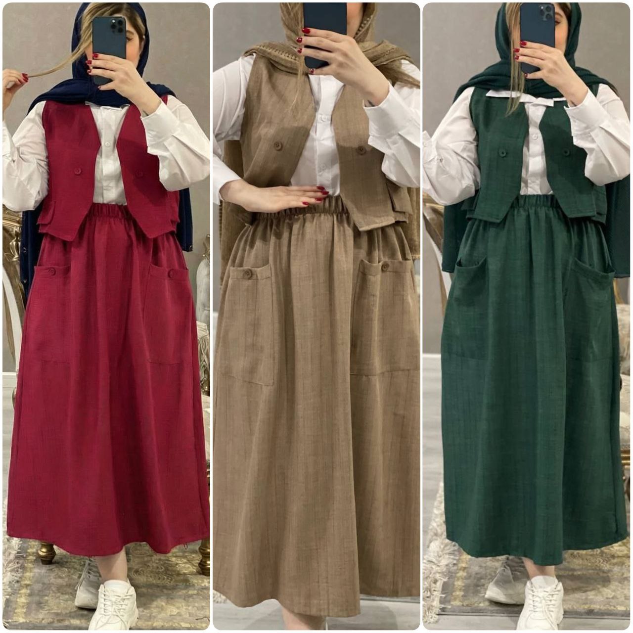 ست سه تیکه جلیفه و سارافون و شومیز درجه یک زنانه و دخترانه ، ست شیک سه تیکه شومیز و سارافون و جلیقه زنانه