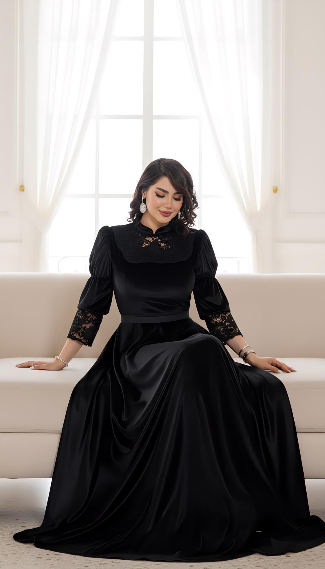 لباس مجلسی زنانه مشکی مخمل و دانتل برجسته درجه یک وارداتی و شیک ، لباس مجلسی جدید زنانه ترند و خاص مشکی مخمل و دانتل برجسته