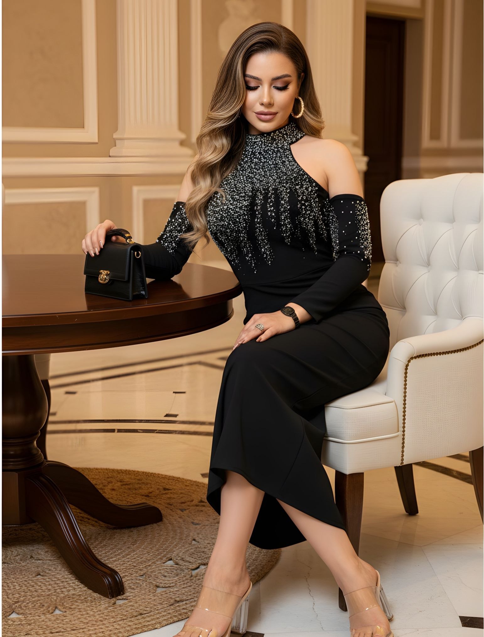 لباس مجلسی مشکی زنانه کرپ دالقیچ و نگین و مروارید بسیار شیک و با کیفیت ، لباس مجلسی جدید زنانه بسیار زیبا مشکی