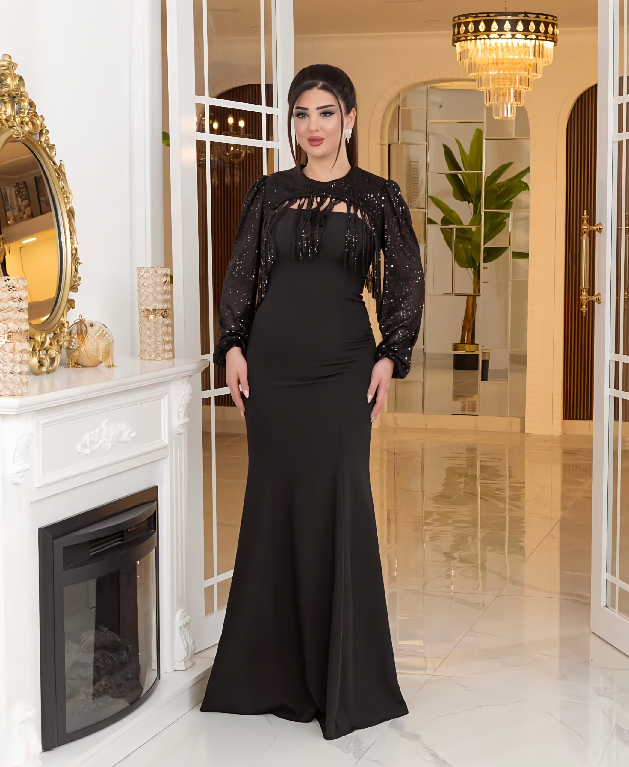 لباس مجلسی زنانه و دخترانه دکلته غواصی گرم بالا و رویی پولک زارا ریشه دار ، لباس مجلسی شیک و ترند و خاص مدل جدید زنانه و دخترانه