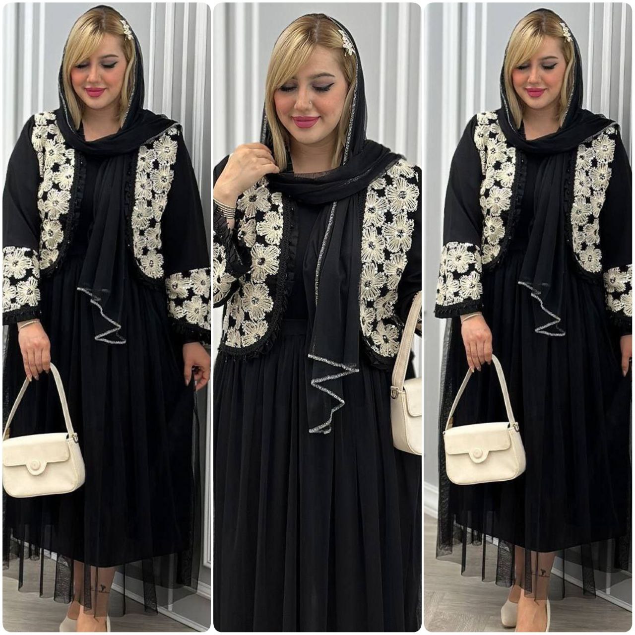 ست سه تیکه کت و دامن و شال عیدانه زنانه ، ست سه تیکه کت و دامن و شال مازراتی تور خرجکار هندی زنانه شیک و جدید و عیدانه