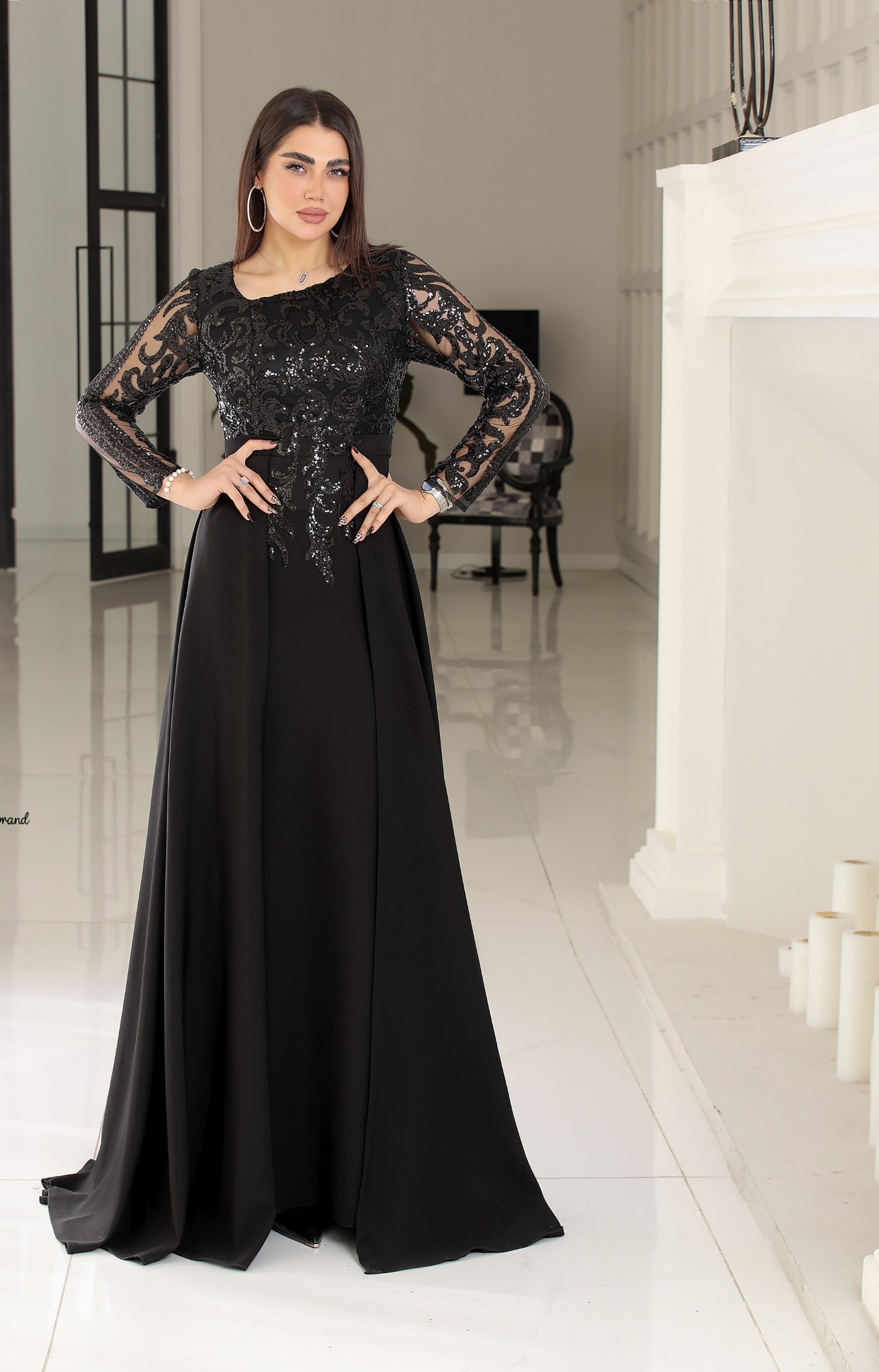 لباس مجلسی زنانه جدید و شیک مشکی  السا بالاتنه ترک اصلی و دامن کرپ مازراتی ، لباس مجلسی زنانه مخصوص عروسی و مراسم درجه یک ترک و خاص