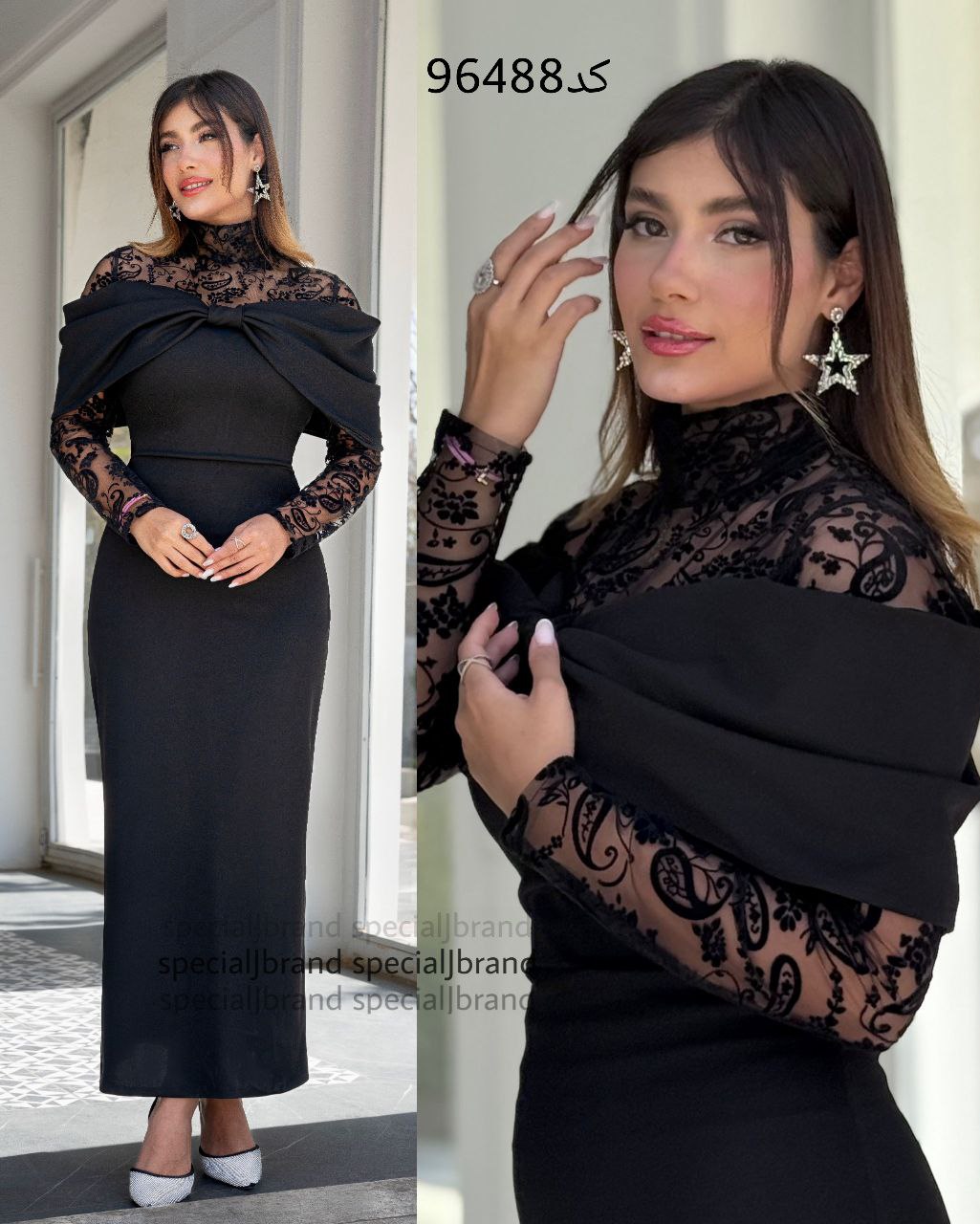 لباس ماکسی مجلسی زنانه و دخترانه خیلی شیک شکوفه ، لباس مجلسی دالقیچ و فلوک مخمل با یقه کار شده زیبا